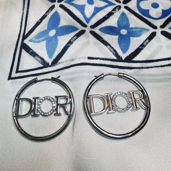 Dior Silver Logo Hoop Earrings with Crystal 'O' - Picture 1 of 6